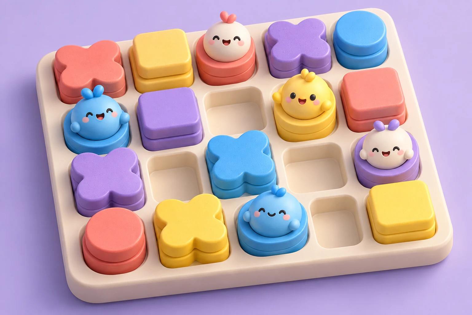 Concept original de puzzle mobile : des blocs et créatures aux couleurs pastel s’assemblent sur un plateau crème.